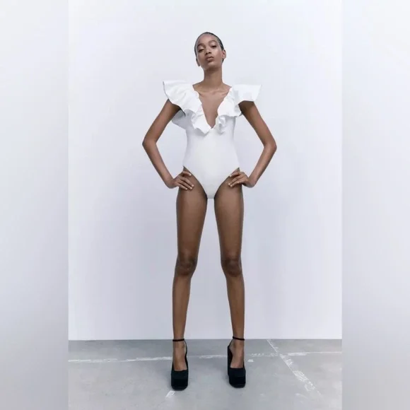 White Ruffle Off-Shoulder Bodysuit - Picture 3 of 9